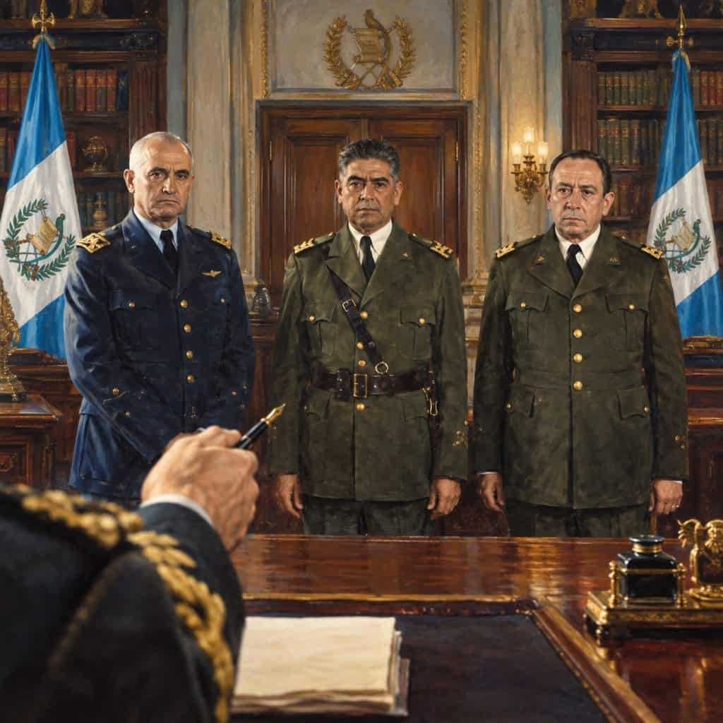 Three uniformed officers stand solemnly in a grand wood-paneled room with flags behind them, facing forward.