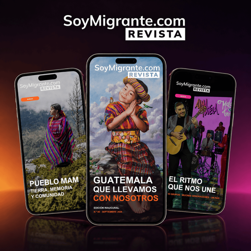 Ediciones móviles de SoyMigrante.com REVISTA presentadas en tres teléfonos