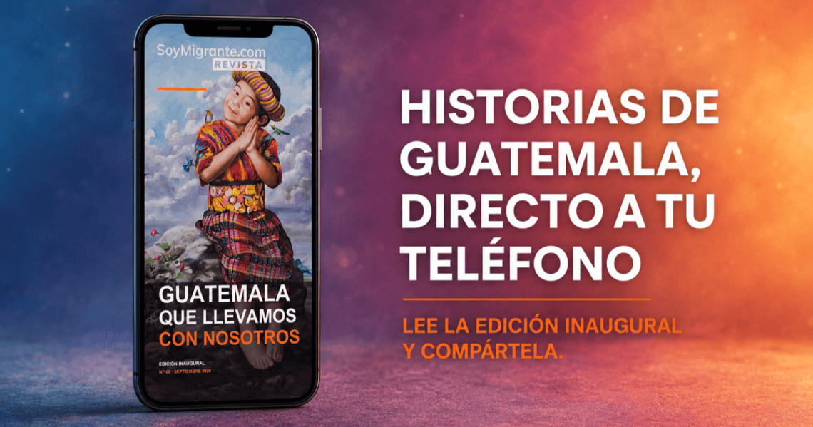 Smartphone displaying a colorful magazine cover 'Guatemala que llevamos con nosotros' against a gradient background. Title: 'Historias de Guatemala, directo a tu teléfono'.