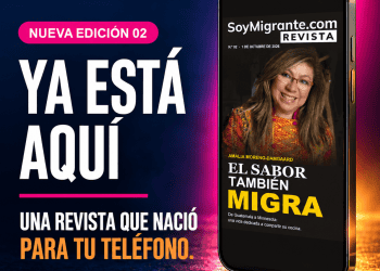 featured-edicion-02-square – SoyMigrante.com REVISTA Nueva edición móvil 02 de SoyMigrante.com REVISTA, con la portada de Amalia Moreno-Damgaard en un teléfono y el anuncio Ya está aquí.