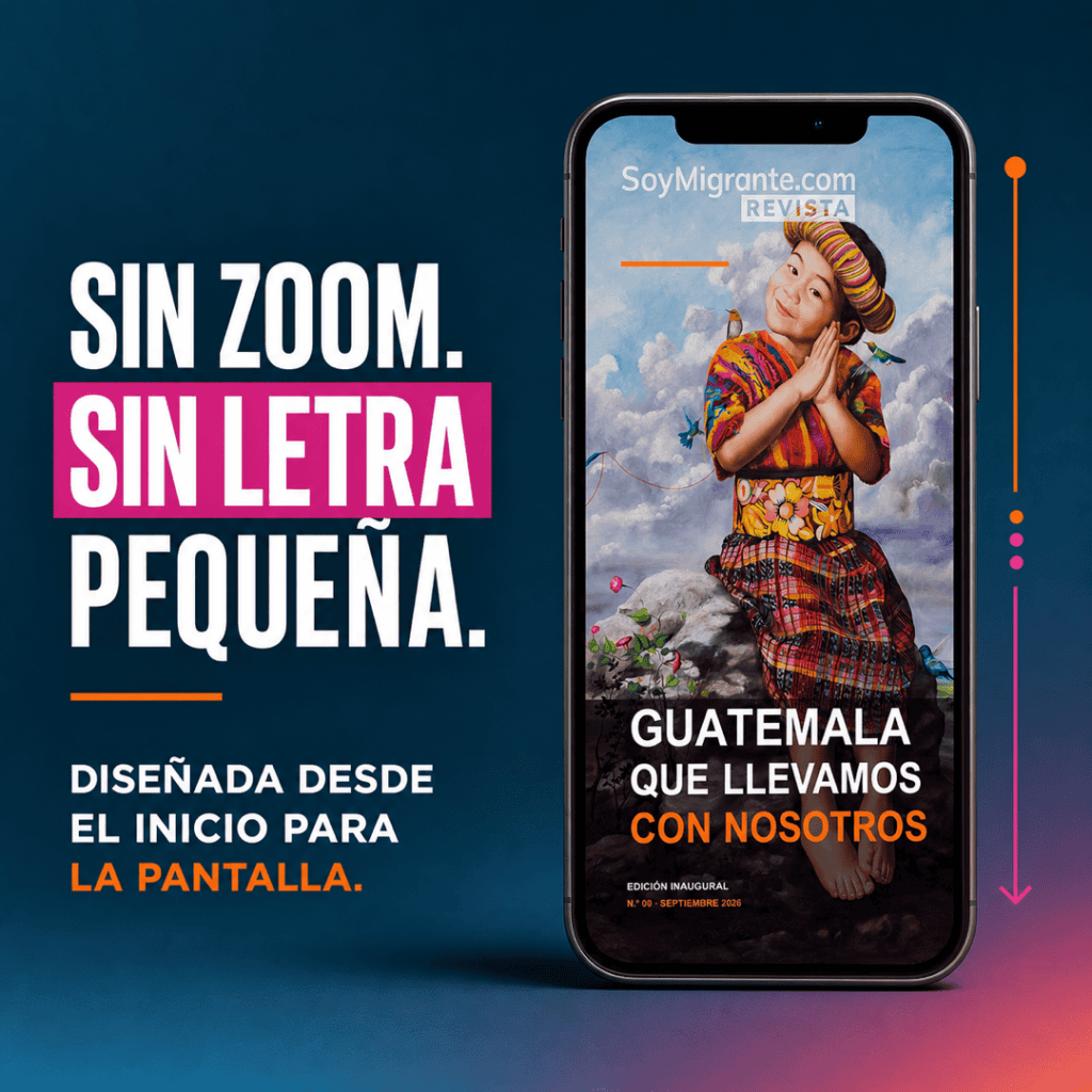 Publicidad: teléfono mostrando una portada de revista con tema de Guatemala y el lema 'GUATEMALA QUE LLEVAMOS CON NOSOTROS' sobre fondo azul, junto al texto grande 'SIN ZOOM. SIN LETRA PEQUEÑA.'