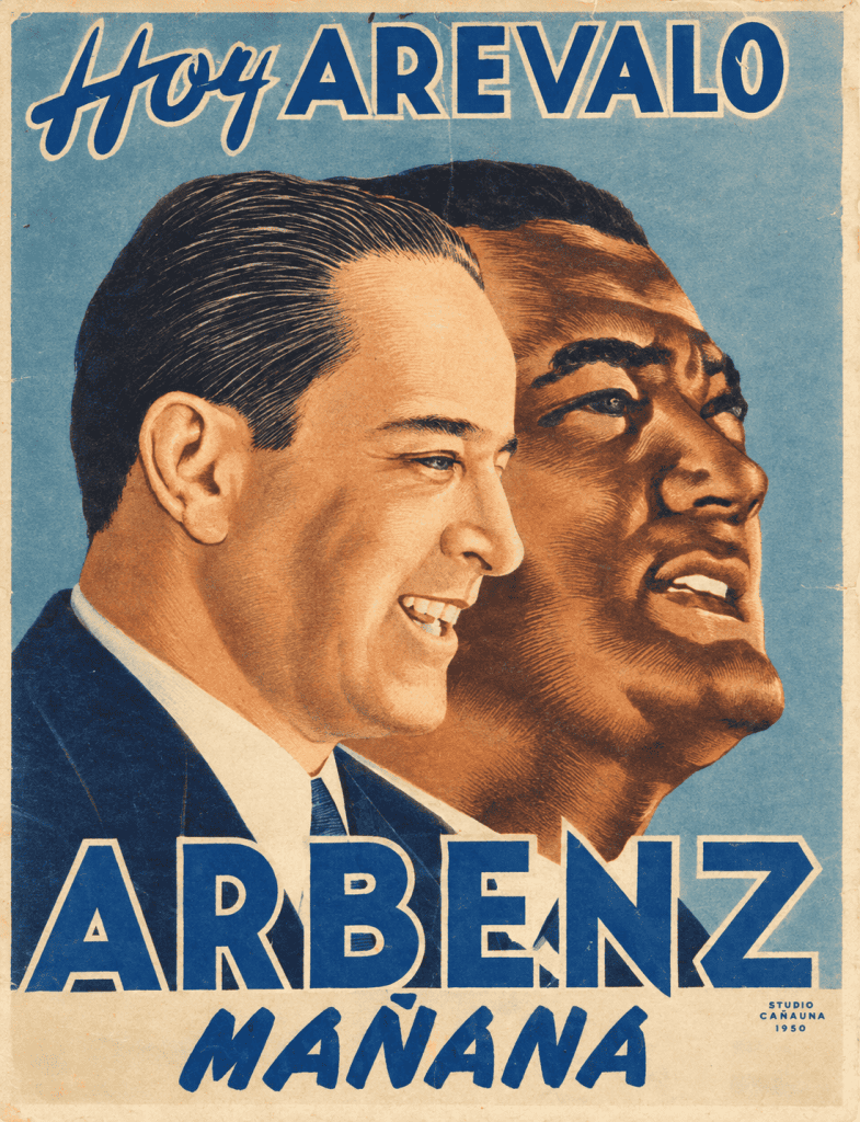 Vintage political poster with two men in suits looking to the right; bold blue text at top and bottom promotes Árbenz tomorrow.