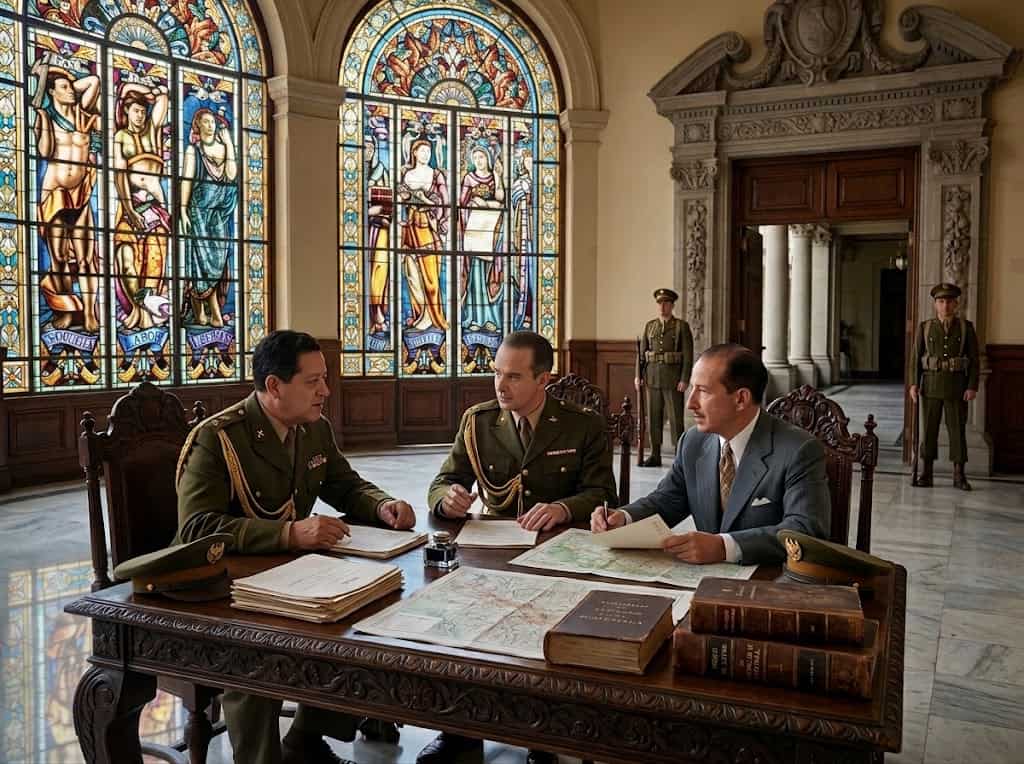 Tras la Revolución del 20 de Octubre de 1944, Una de las primeras discusiones de la Junta Revolucionaria era si continuar con las elecciones presidenciales convocada por el derrocado general Federico Ponce Vaides, quien pretendió participar en ellas. Los comicios estaban propuestos para el 17, 18 y 19 de diciembre. El coronel Francisco Javier Arana, a la izquierda consideraba que no debían realizarse y con ello prolongar el período de la junta. Arbenz y Toriello votaron por continuar y acelerar los cambios. (Ilustración hipotética IA, basada en retratos reales de los tres personajes)