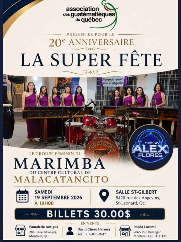 Afiche del Concierto de la Marimba Femenina de Malacatancito en Quebec, Canadá.