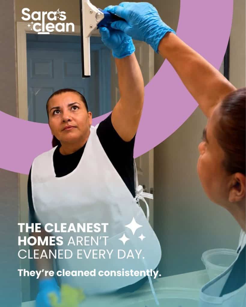 Cleaning professional in blue gloves wipes a door frame, with Sara's Clean logo and the slogan about cleaning homes consistently visible.