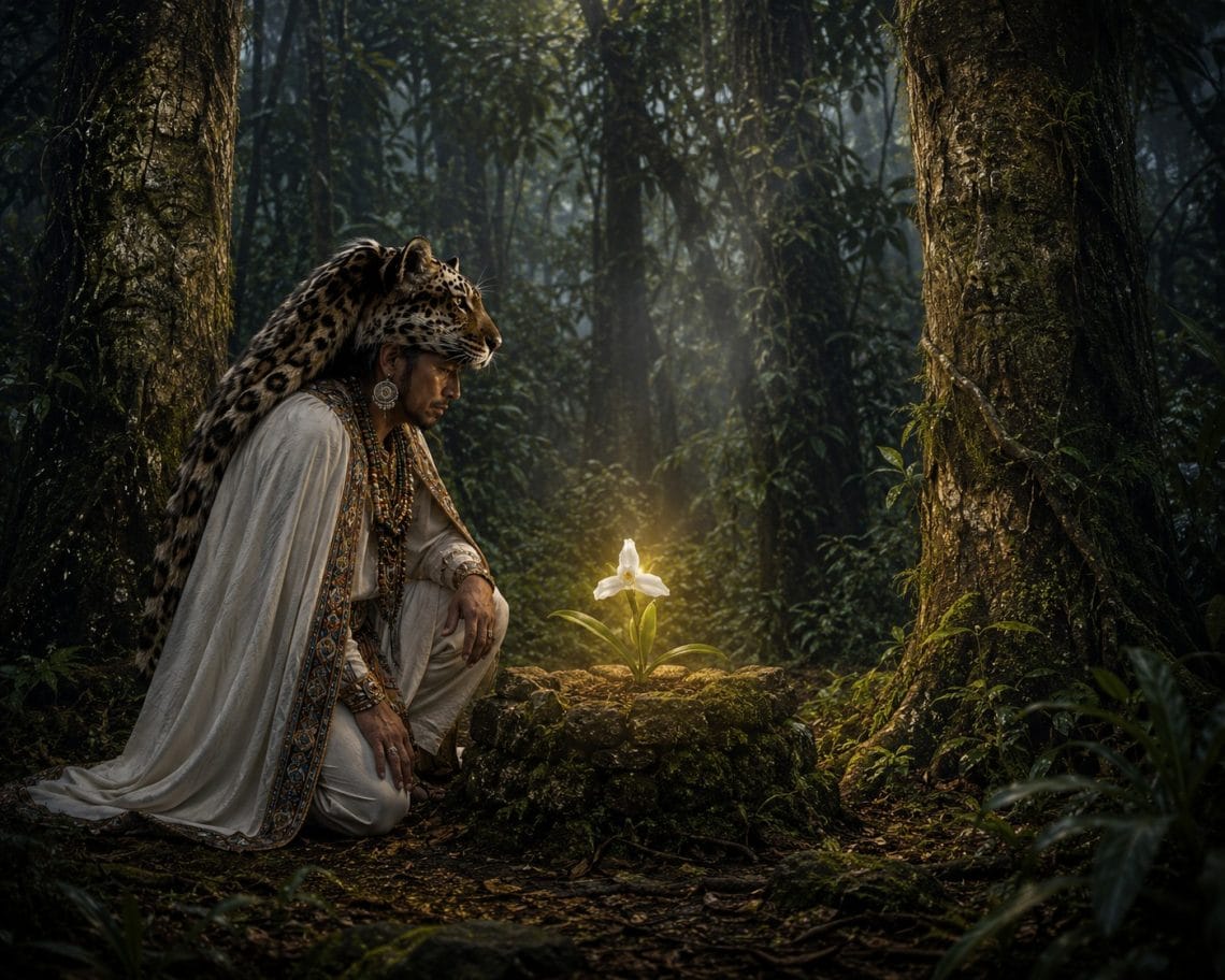 De pronto, en aquel lugar donde estaba la luz, un día se encontró una flor tan blanca y pura, tan llena de luz que solo podía ser el alma de Dominga. El señor Tzuul'Taká usó su poder para convertir a los ambiciosos padres en troncos de árbol que ya no podían hablar y que ahora debían proteger a Dominga.