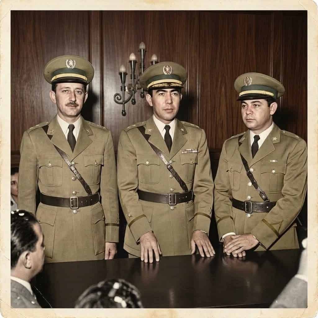 Three officers in vintage khaki dress uniforms stand behind a dark table in a wood-paneled room, posing for a formal photo.