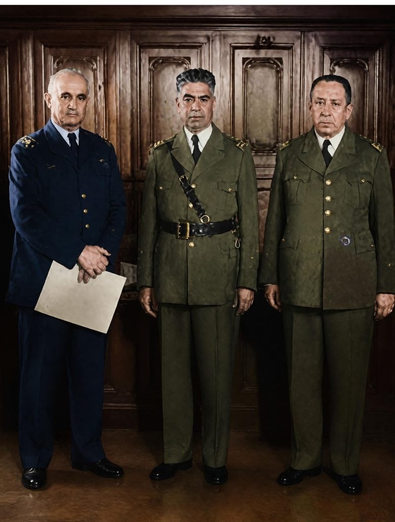 Three men in military uniforms pose indoors in front of a wood-paneled wall; the leftmost officer holds a sheet of paper.