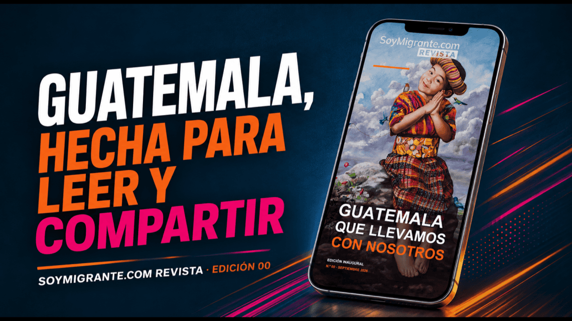 Promotional banner for SoyMigrante magazine with bold Spanish slogan and a smartphone showing the Guatemala edition cover.