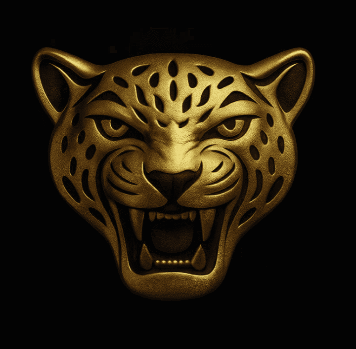 Gold leopard head mask with snarling expression against a black background, menacing teeth visible.