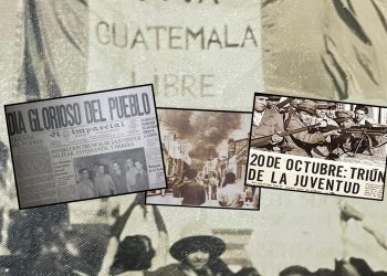 Que se celebra el 20 de octubre en Guatemala Revolución 1944 – SoyMigrante.com REVISTA Historical collage: a banner reading 'Viva Guatemala' amid vintage newspaper clippings and black-and-white protest photos.