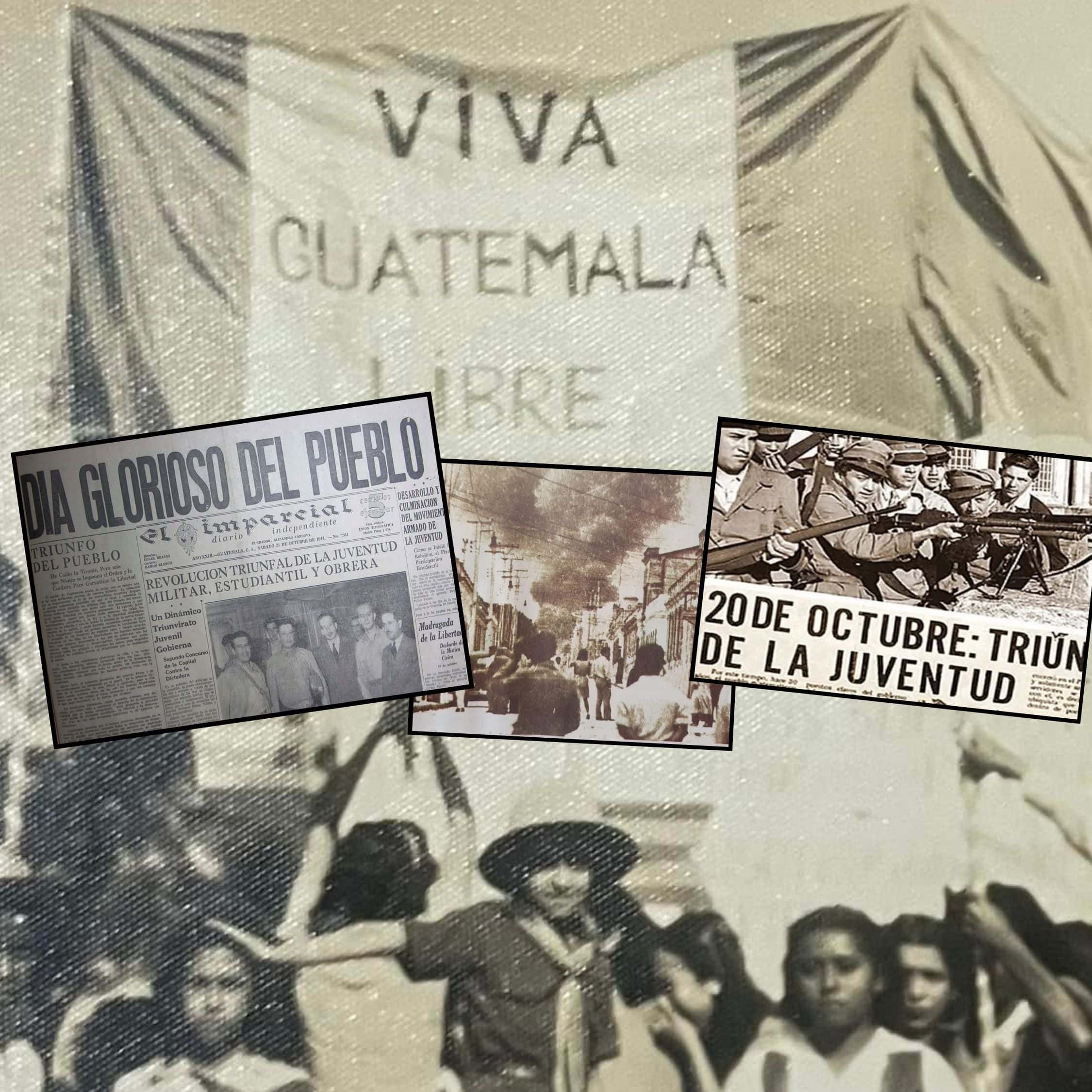 Historical collage: a banner reading 'Viva Guatemala' amid vintage newspaper clippings and black-and-white protest photos.