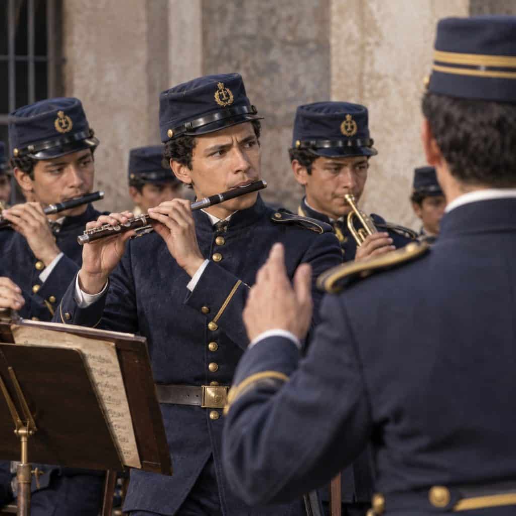 Military band in dark blue uniforms playing woodwind and brass instruments during outdoor performance, conductor visible in foreground.