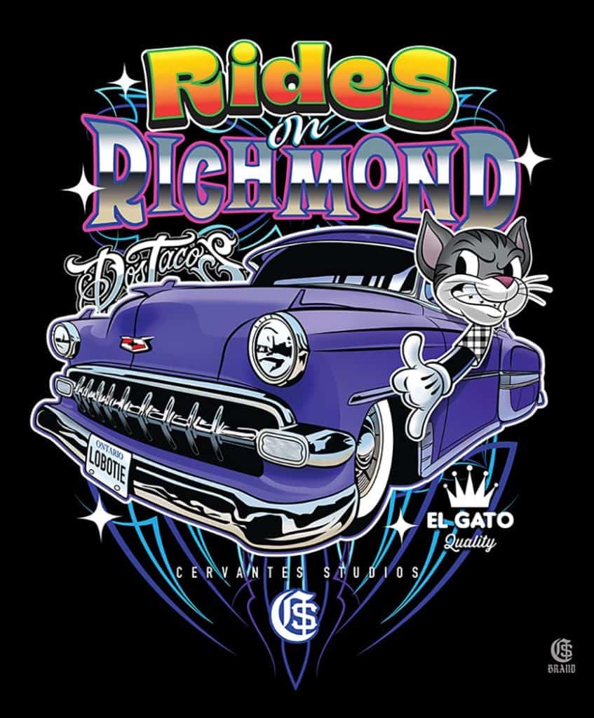 Cartoon illustration of a purple vintage car with a grinning cat driving, giving a thumbs-up, overlaid with the text 'Rides on Richmond' on a black background.