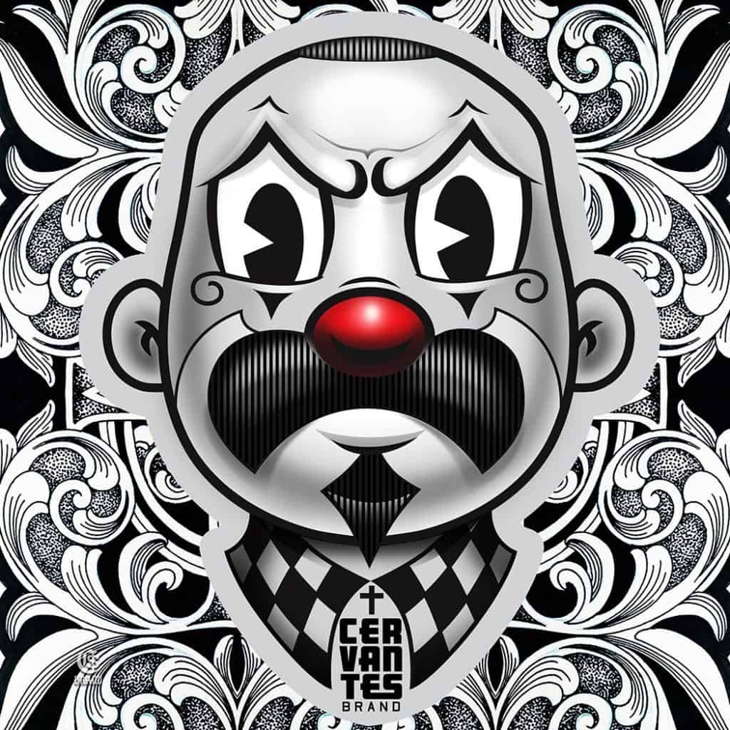 Stylized gray clown face logo with a red nose and black mustache, harlequin-patterned neck, ornate black-and-white background, reading 'CERVANTES BRAND'