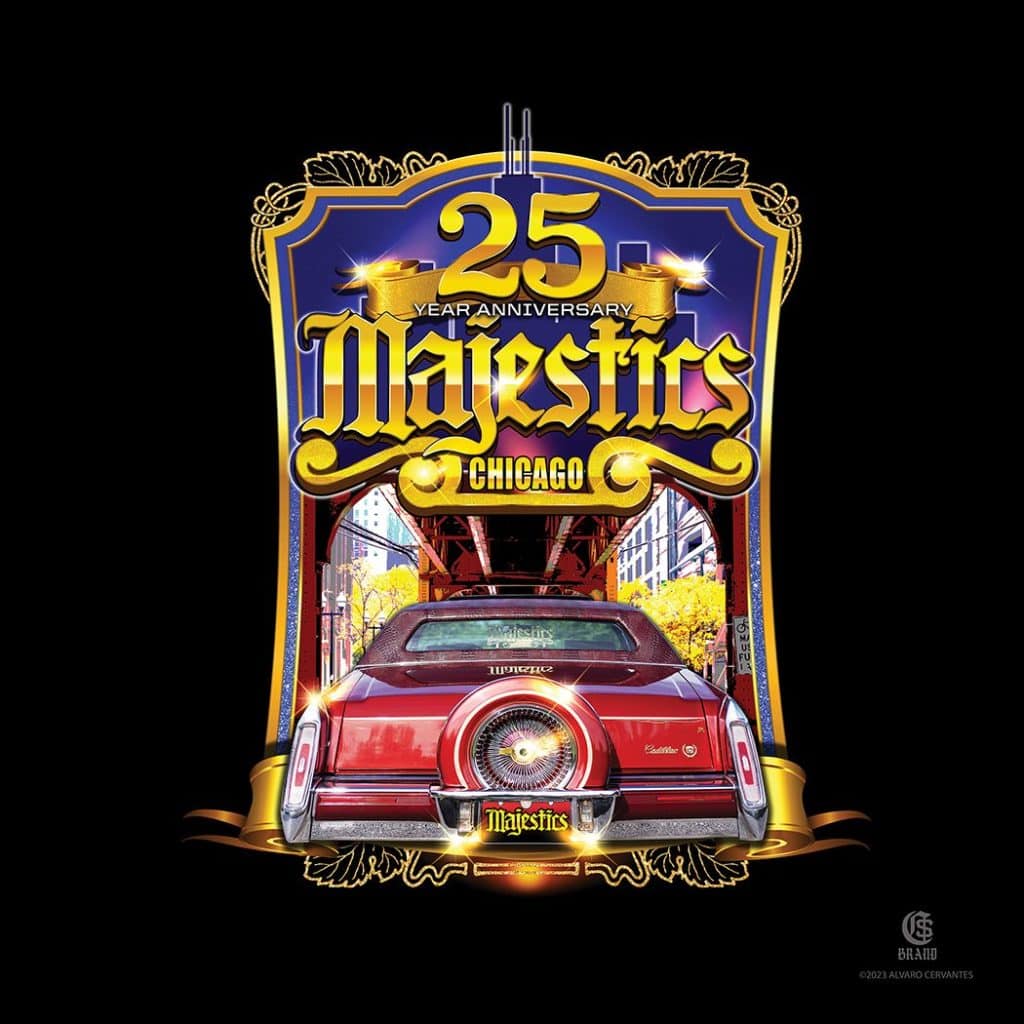 Poster graphic for Majestics Chicago 25 Year Anniversary featuring a decorative blue-gold frame and a vintage red car beneath.