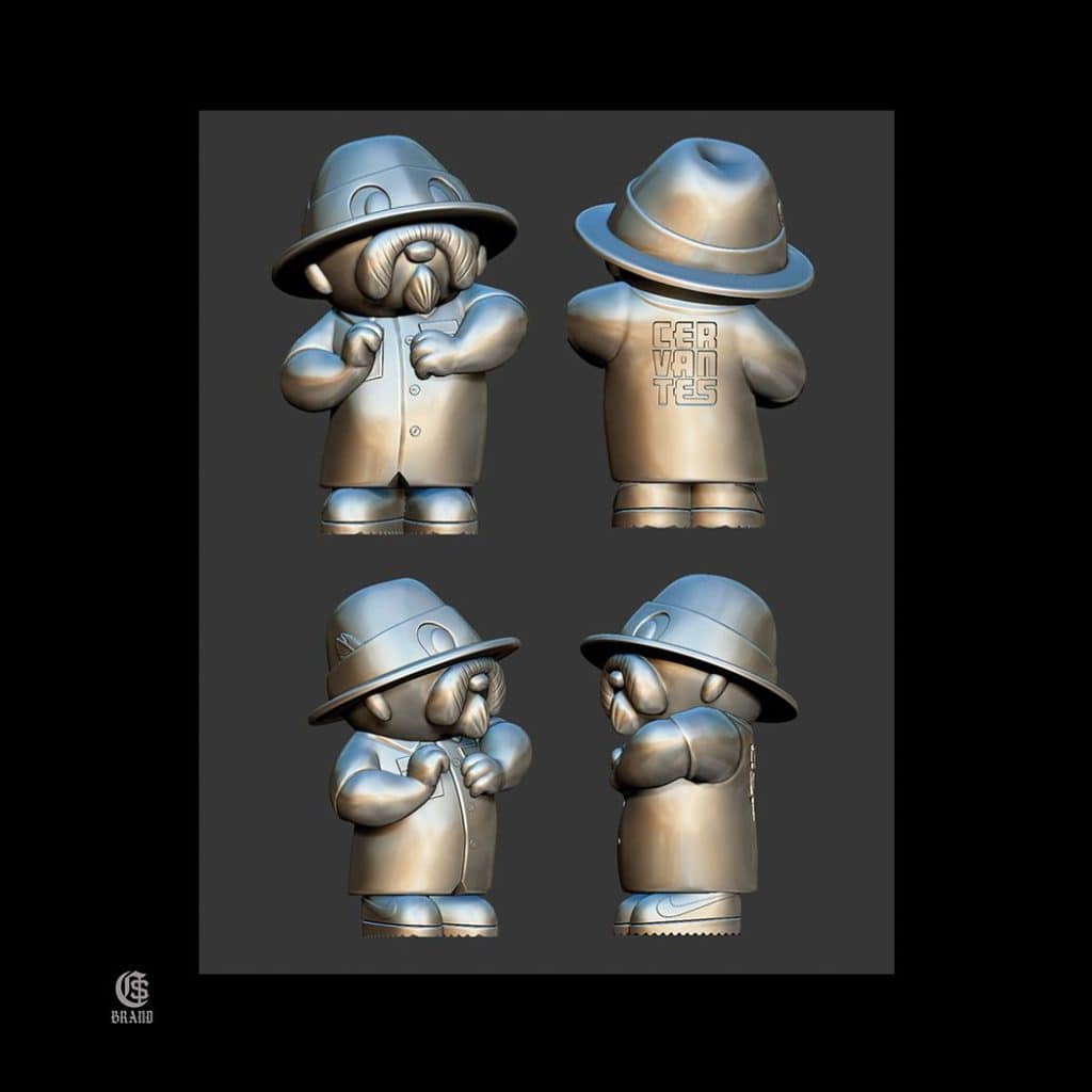 Four 3D-rendered cartoon figures in fedoras and trench coats, shown from multiple angles; back view includes 'CERVANTES' text.