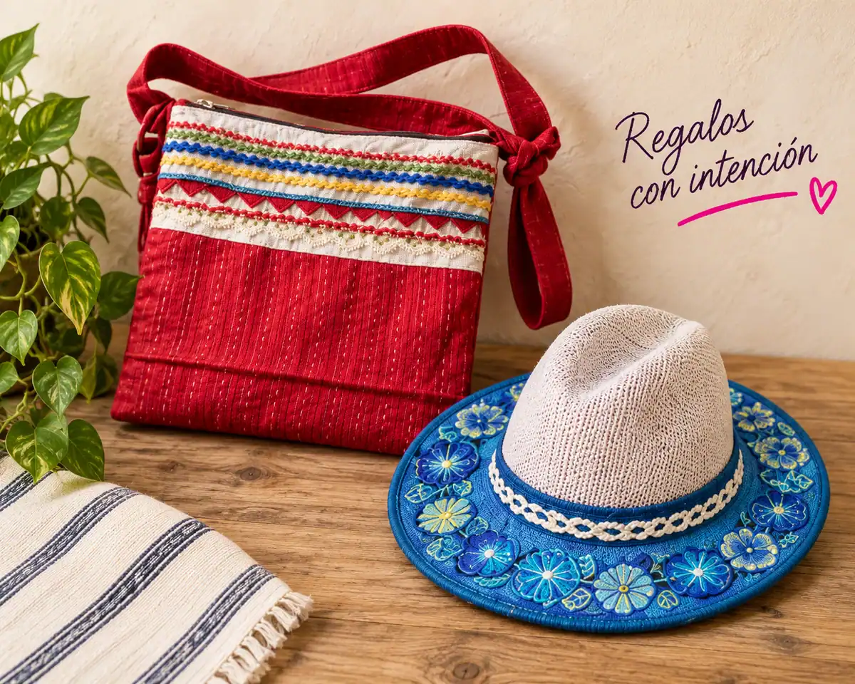 Bolso bordado rojo y sombrero azul: regalos con intención