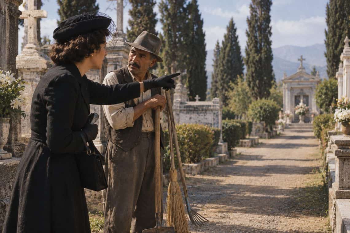 Le pidió al jardinero encargarse de mantener limpia la tumba y que no se llenara de maleza. – SoyMigrante.com REVISTA – SoyMigrante.com REVISTA Two people in vintage clothing stand in an old cemetery, the woman pointing as the man leans on a broom and listens.