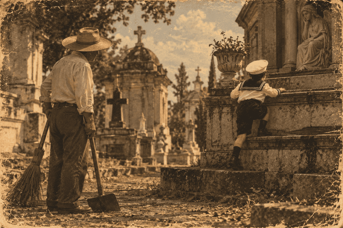Efraín vio a un niño vestido de marinerito jugar entre las tumbas, pensó que era de alguna familia que estaba visitando el cementerio La Verbena – SoyMigrante.com REVISTA – SoyMigrante.com REVISTA Older man with a straw hat sweeping the ground in a weathered cemetery as a young boy climbs a stone tomb nearby.