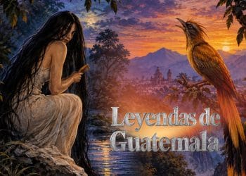 Fantasy book cover: woman with long dark hair brushing her hair by a river at sunset, with a large bird perched on a branch above and a distant city skyline.
