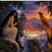 Fantasy book cover: woman with long dark hair brushing her hair by a river at sunset, with a large bird perched on a branch above and a distant city skyline.