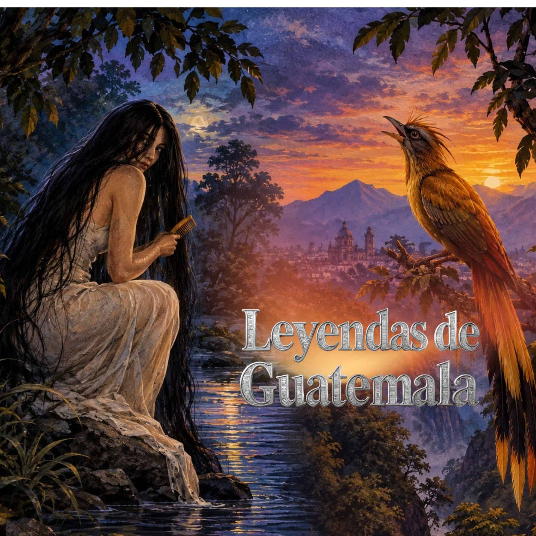 Fantasy book cover: woman with long dark hair brushing her hair by a river at sunset, with a large bird perched on a branch above and a distant city skyline.