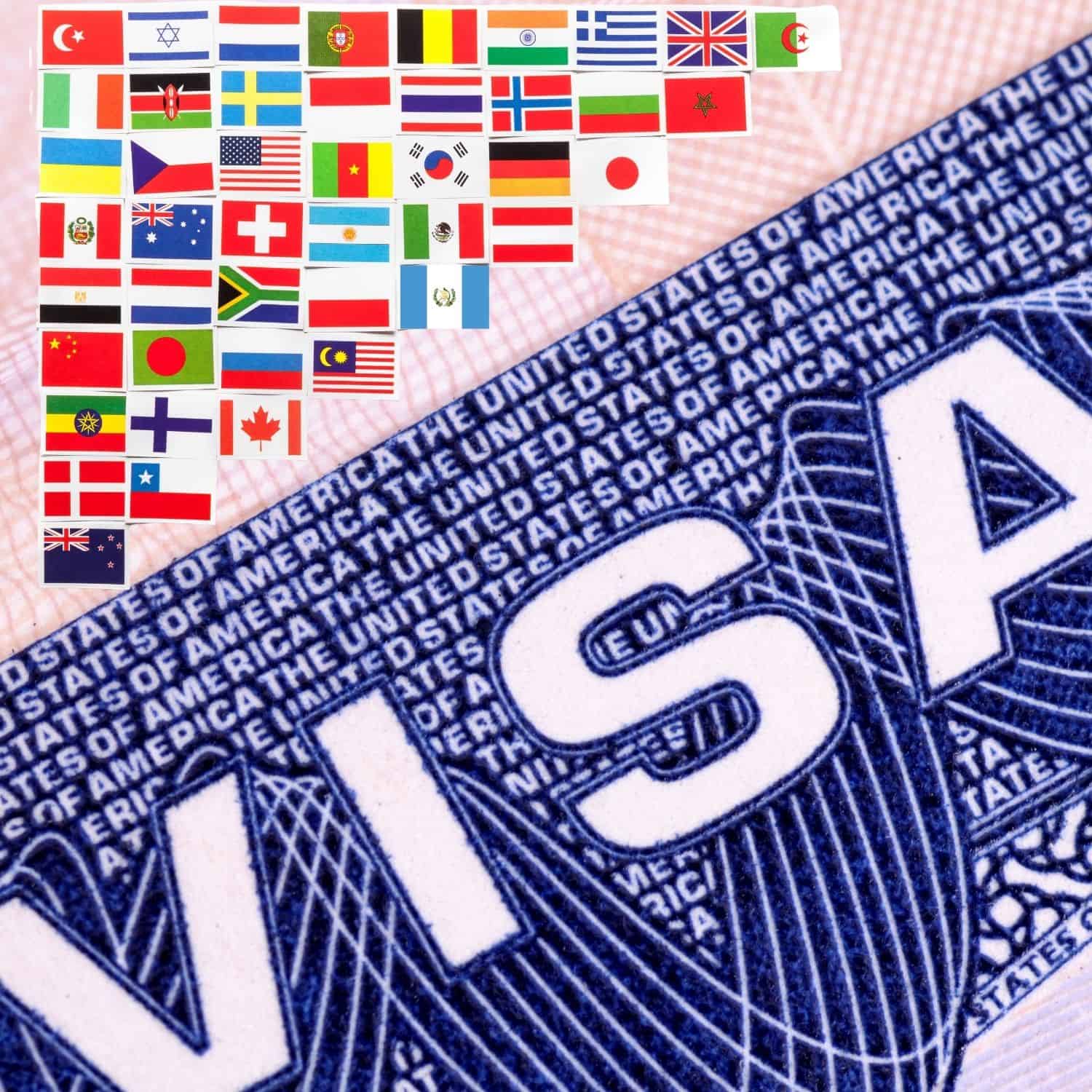 Close-up of a large blue 'USA' graphic with a row of small international flags above it on a pink background.