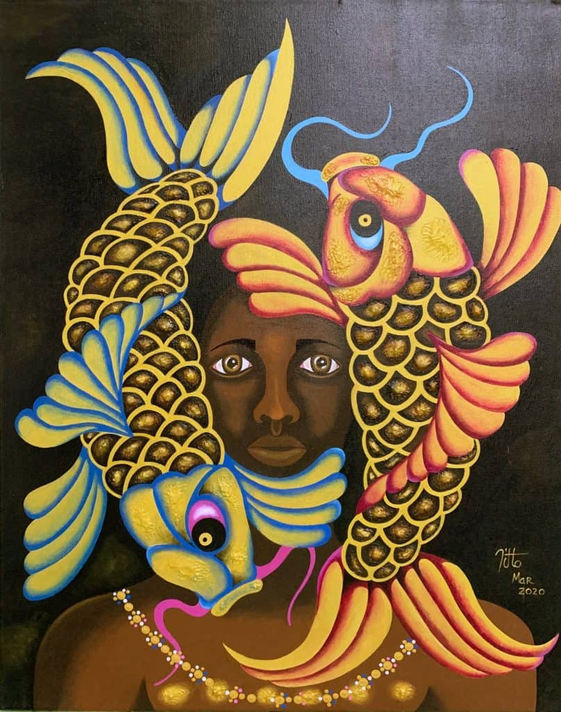 Vibrant painting of two decorative fish with yellow, blue, and pink scales encircling a dark-skinned woman; bead necklace visible on her shoulders against a black background.