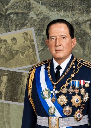 Portrait of a high-ranking military officer in dress uniform with medals and a blue-and-white sash, set against a montage of archival photos behind him.