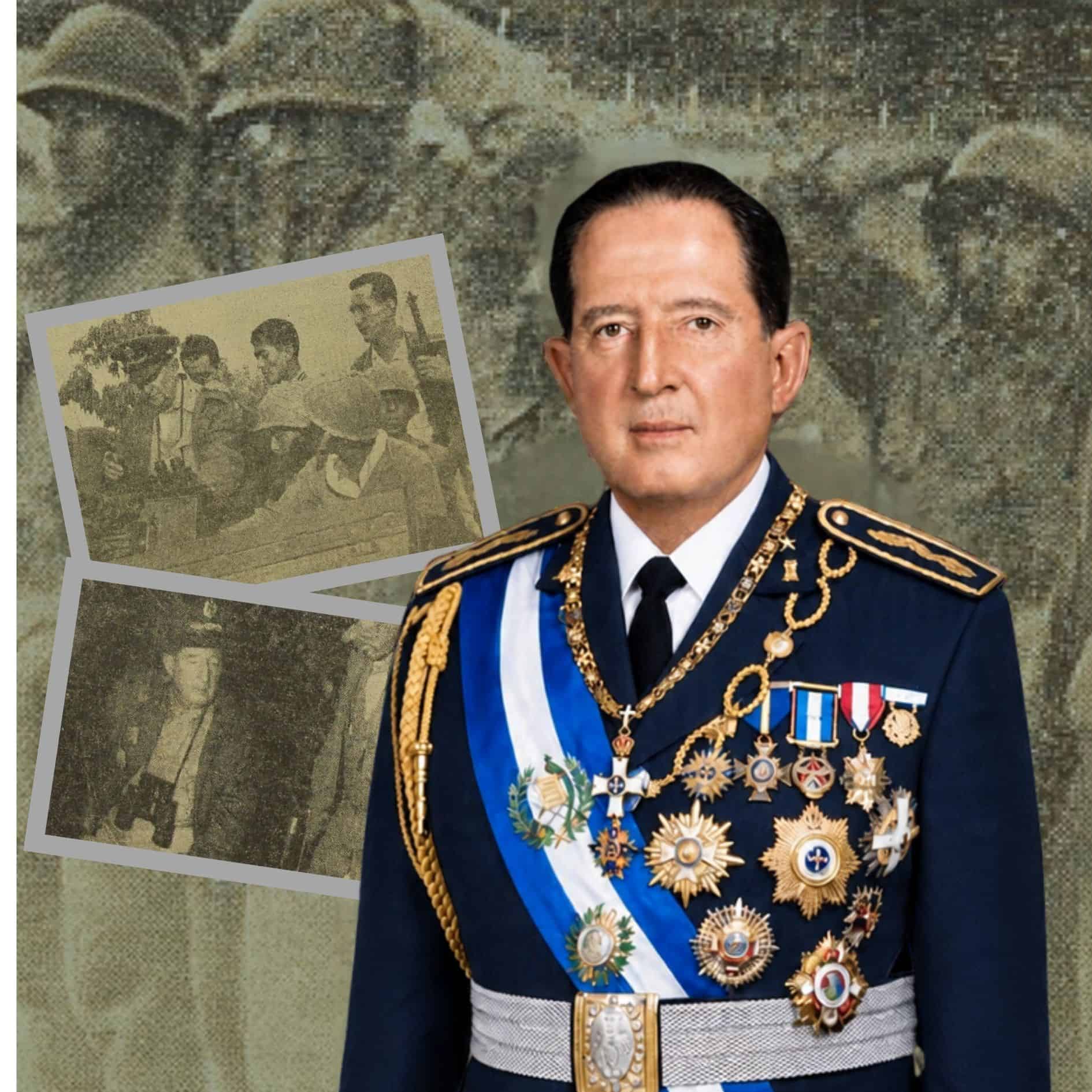 Portrait of a high-ranking military officer in dress uniform with medals and a blue-and-white sash, set against a montage of archival photos behind him.