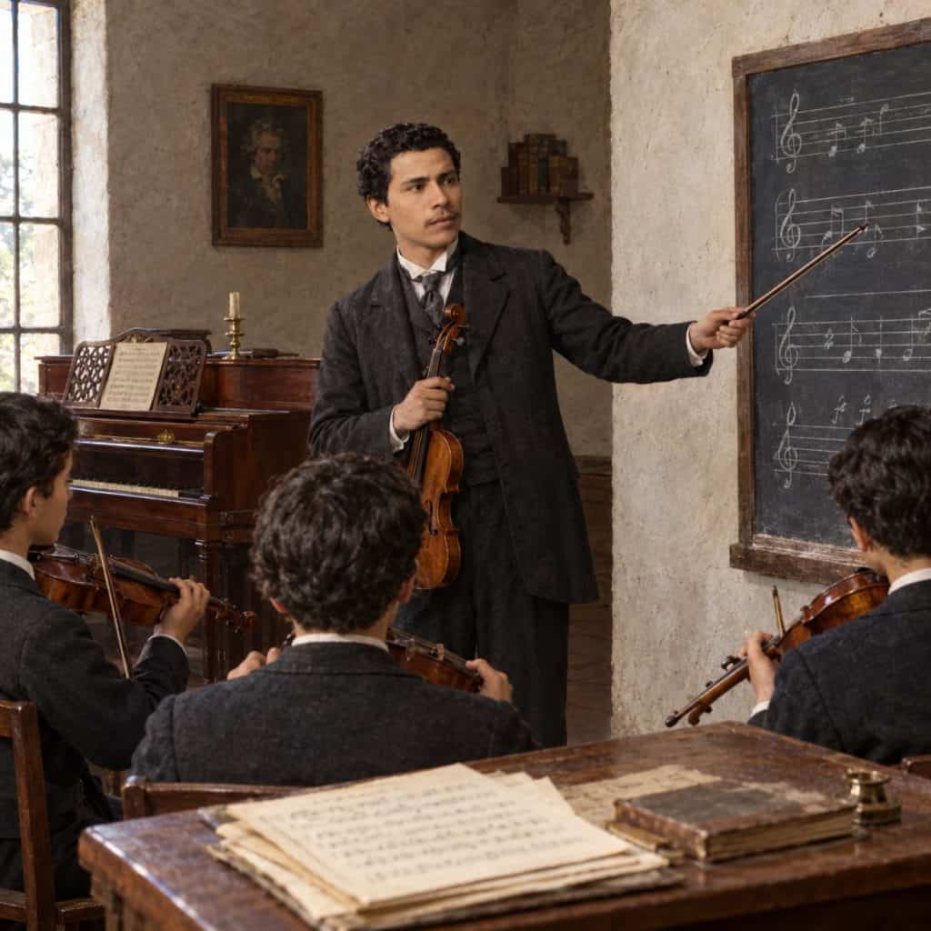 A young man in vintage attire conducts a string ensemble, pointing at a chalkboard with musical notes while students play violins in a rustic classroom.