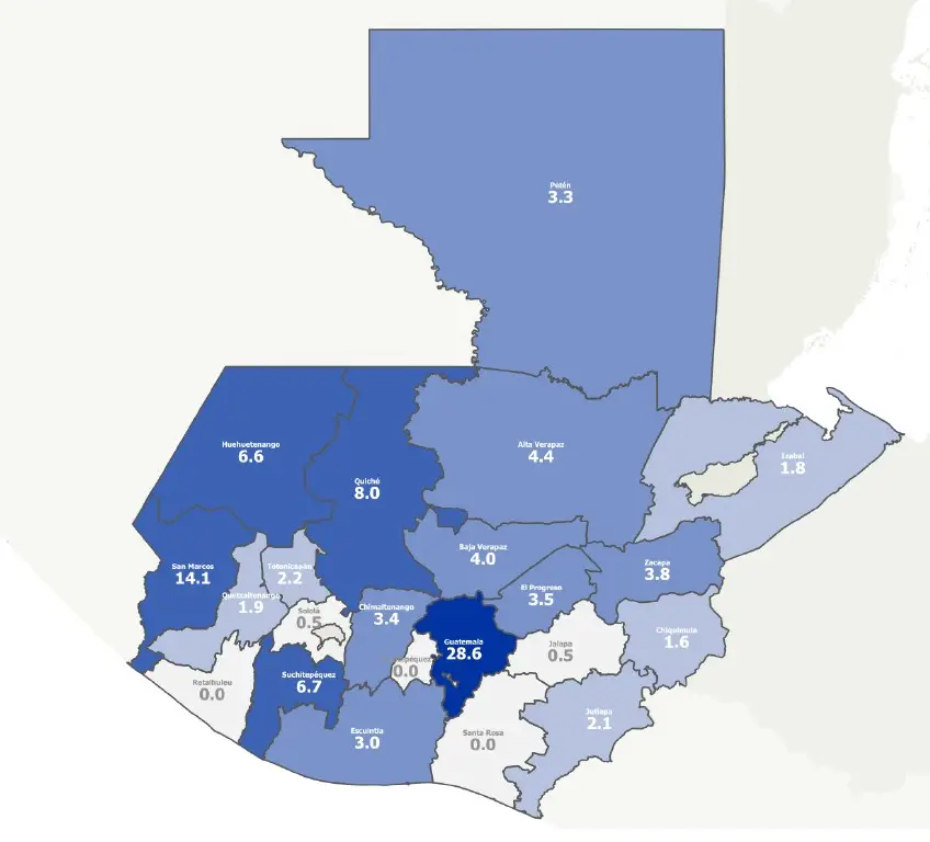 Mapa elaborado por la Organización Internacional de las MIgraciones, que refleja a los departamentos que más remesas reciben Los marcados en tonos más fuertes de azul tienen más familias beneficiarias. – SoyMigrante.com – SoyMigrante.com