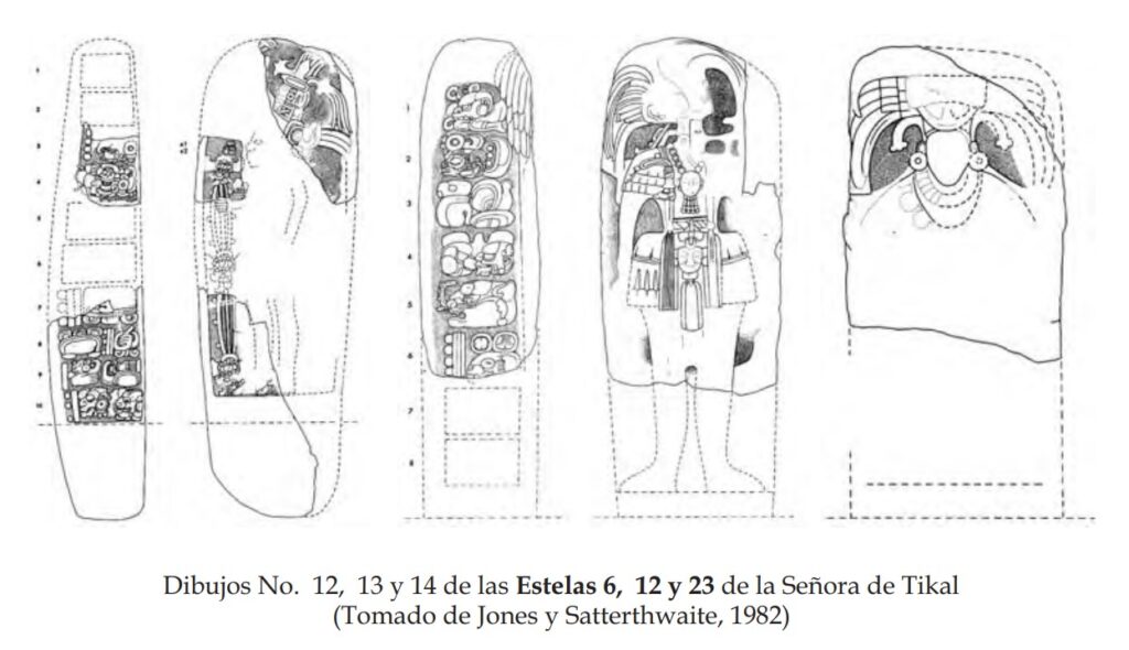 Dibujos de estelas en los cuales se alude a la Señora de Tikal. No tenía un rostro visible.