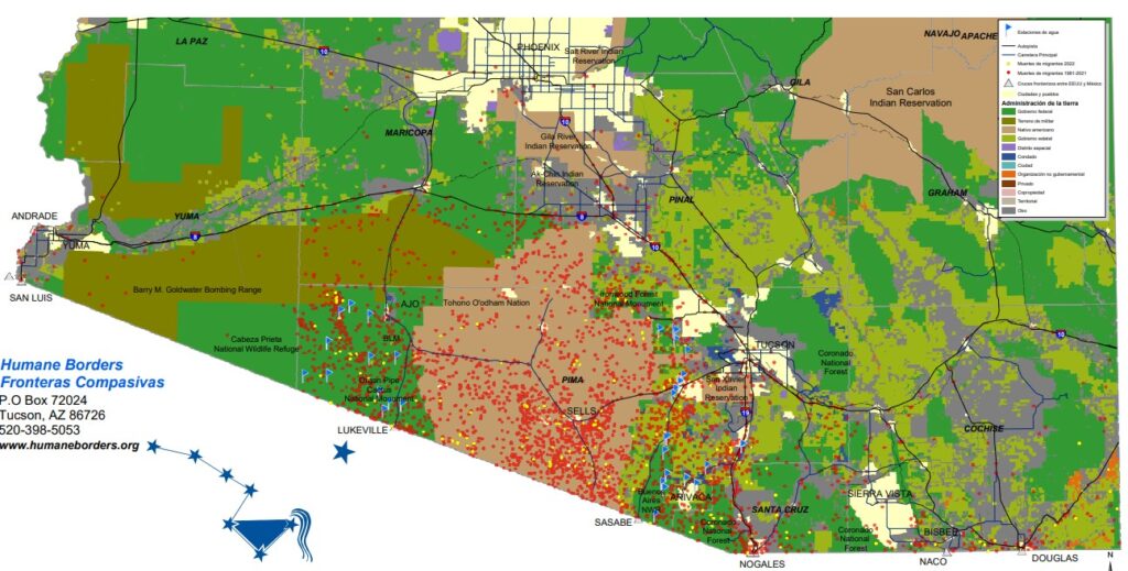 Mapa del área de Arizona y Nuevo Mëxico en donde trabaja la organización Fronteras Compasivas. Los puntos rojos son decesos de migrantes entre 1999 y 2021. Los puntos amarillos son fallecidos en el desierto durante 2022.