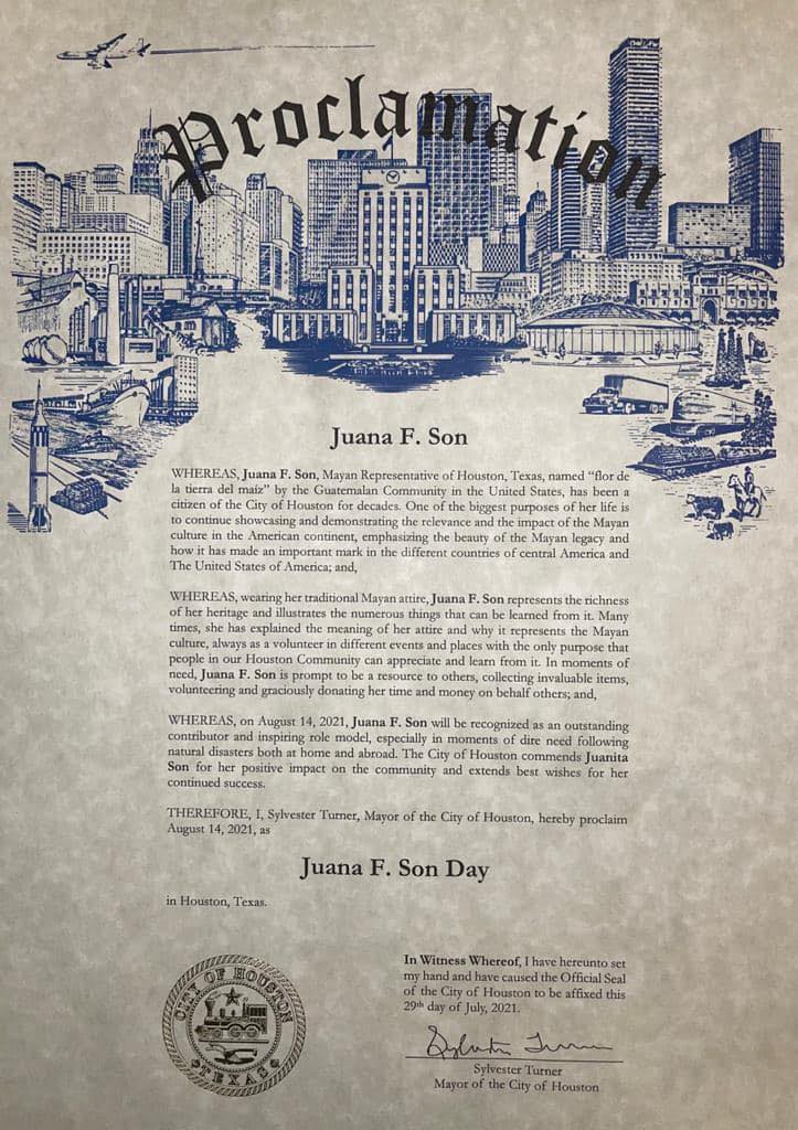 Declaratoria del 14 de agosto como Día de Juana F. Son, migrante guatemalteca, firmado por el alcalde de Houston Texas en 2021.