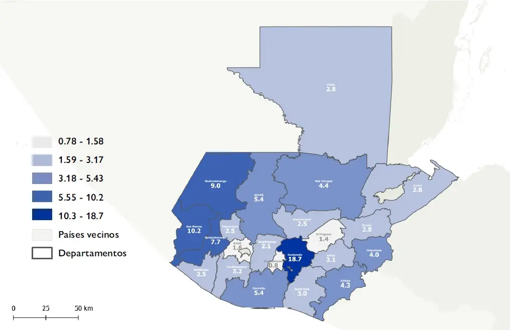 Mapa elaborado para la Encuesta Nacional de Remesas 2022 para mostrar a los departamentos con mayor cantidad de receptores de remesas. Los más oscuros tienen más, los más claros, menos. – SoyMigrante.com – SoyMigrante.com