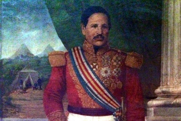 Rafael Carrera proclamó la República de Guatemala el 21 de marzo de 1841. En este retrato luce la segunda bandera que decretó, entre 1858 y 1871.