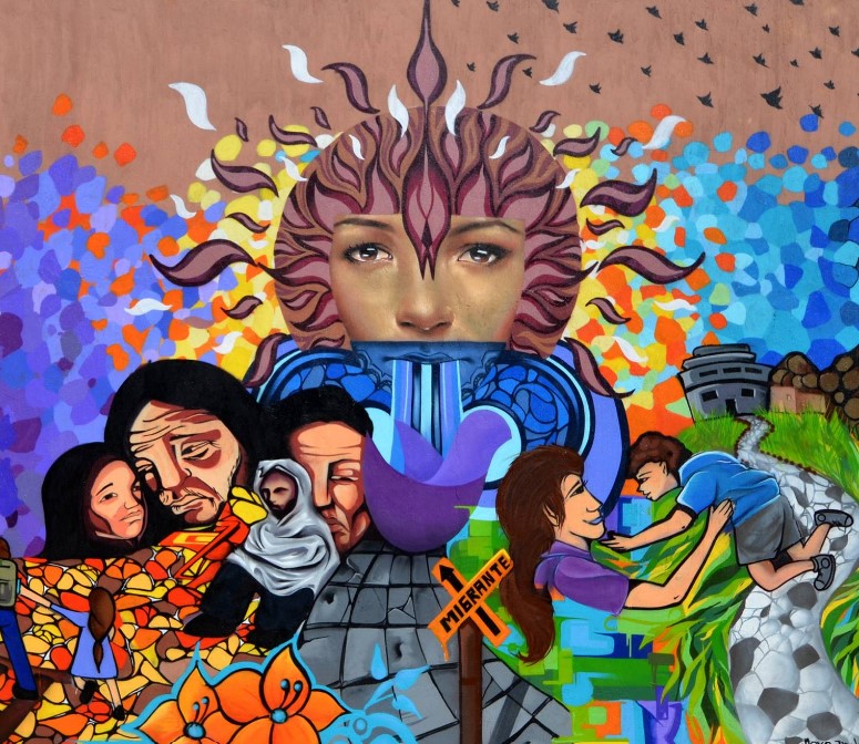 Mural simbólico de la penuria y esperanza de la migración en el Centro Fray Matías de Córdova, Tapachula, que presta ayuda humanitaria. – SoyMigrante.com – SoyMigrante.com