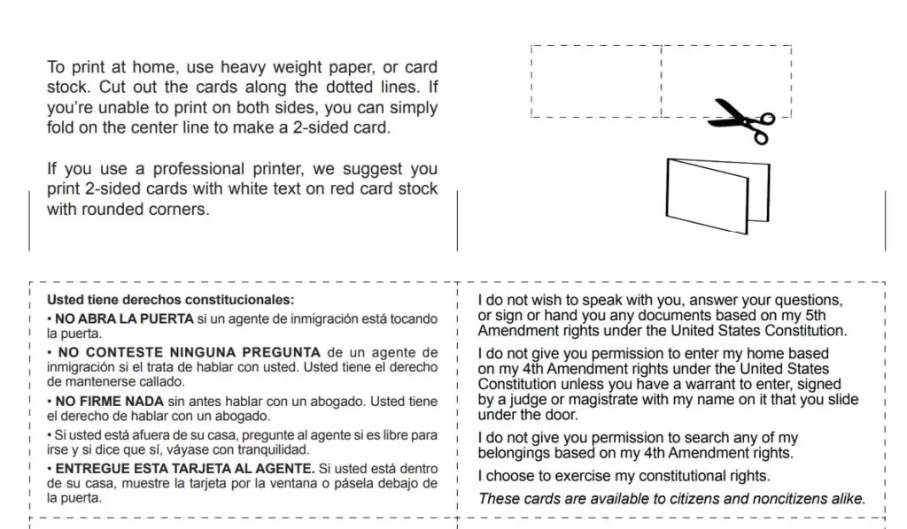 Ejemplo de cómo se puede imprimir una tarjeta de defensa, puede ser sobre papel rojo o blanco, pero es importante que sea legible el texto. Se corta, dobla y pega tal como lo indica el diagrama. Esto es útil para migrantes indocumentados o en proceso legalización. – SoyMigrante.com – SoyMigrante.com