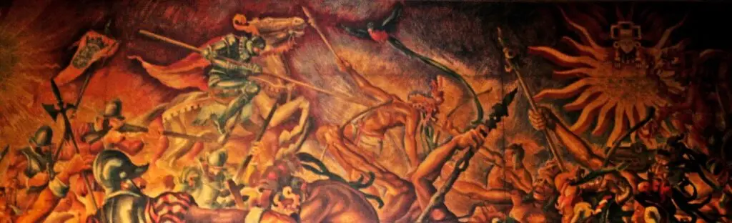 Mural en el Palacio Nacional de la Cultura, por Alfredo Gálvez Suárez. Representa el momento en que Tecún Umán es vencido. Nótese el detalle lsimbólico del Quetzal en pleno vuelo y también del sol resplandeciente, que figuran en los primeros relatos coloniales de la batalla. – SoyMigrante.com – SoyMigrante.com