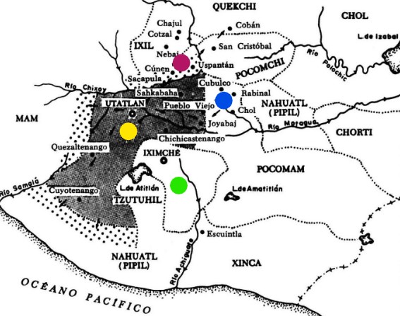 Mapa de los principales territorios o señoríos del territorio de Guatemala en 1524 a la lllegada de los conquistadores españoles. Nótese la extensión de la Confederación k'iche' – SoyMigrante.com – SoyMigrante.com