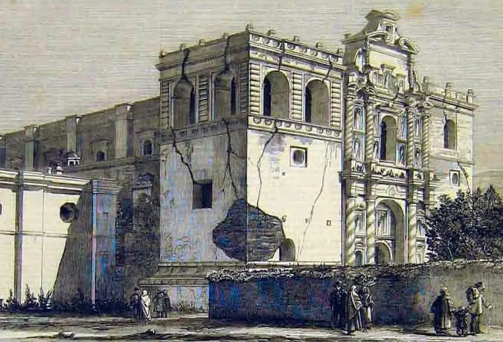 Grabado del Templo de San Francisco El Grande, publicado a mediados del siglo XIX. Aún se puede ver los daños de los terremotos de 1773.