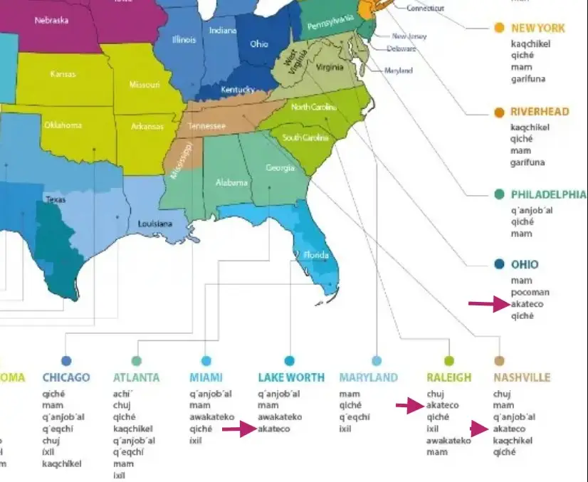 El mapa de la Red Consular registra trámites y solicitudes de guatemaltecos de diversas etnias mayas. Aquí se muestra donde están las mayores comunidades akatekas en USA. (Fuente Minex) – SoyMigrante.com – SoyMigrante.com