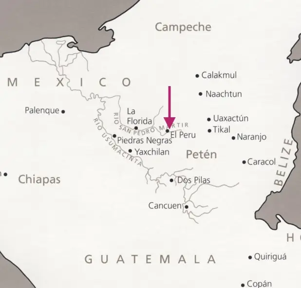 Ubicación de la ciudad maya de El Peru Waká, en Petén, Guatemala. En la época prehispánica fue una ciudad aliada de Calakmul y por lo tanto enemiga de Tikal. – SoyMigrante.com – SoyMigrante.com