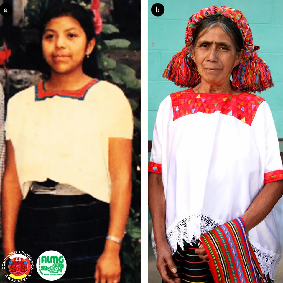 El tocado tradicional de la mujer awakateka es considerado uno de los más hermosos y elegantes de las indumentarias mayas. En los extremos posee vistosas borlas -Ju’ lana’- . Fotografía Academia de Lenguas Mayas de Guatemala, comunidad Awakateka. – SoyMigrante.com – SoyMigrante.com