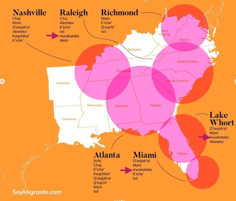 En los estados de Carolina del Norte, Alabama y Miami hay comunidades awakatekas que luchan por salir adelante y también por conservar su identidad cultural. Mapa por Red Consular Guatemalteca. – SoyMigrante.com – SoyMigrante.com