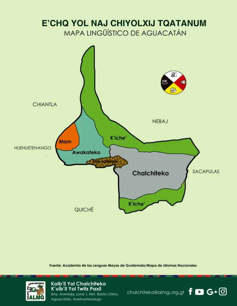 En este mapa del municipio de Aguacatán puede observarse el área de población chalchiteka. Mapa de la Academia de Lenguas Mayas de Guatemala. – SoyMigrante.com – SoyMigrante.com