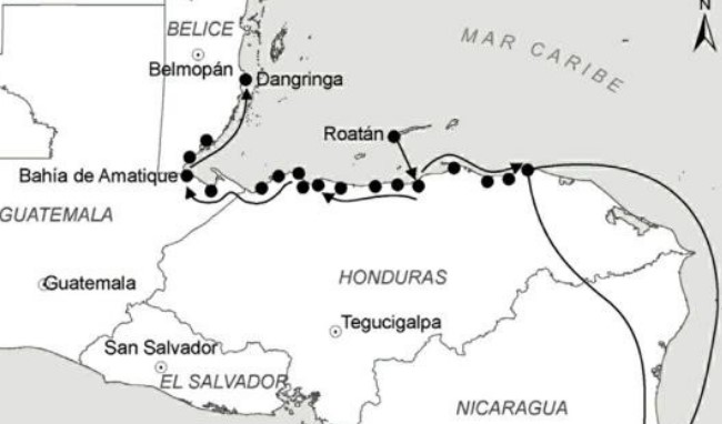 Los puntos marcan los principales asentamientos poblacionales de la etnia Garínagu, cuyo idioma es el Garífuna. – SoyMigrante.com – SoyMigrante.com