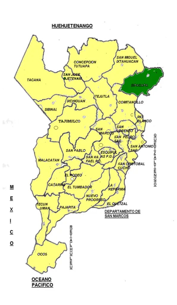 El sipakapense únicamente se habla en el municipio de Sipacapa, San Marcos. Mapa DIGEBI, Mineduc. – SoyMigrante.com